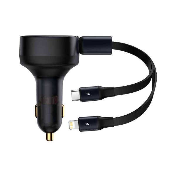 Baseus Car Charger Enjoyment Retractable dual Output Type-c & Lightning 30W Black