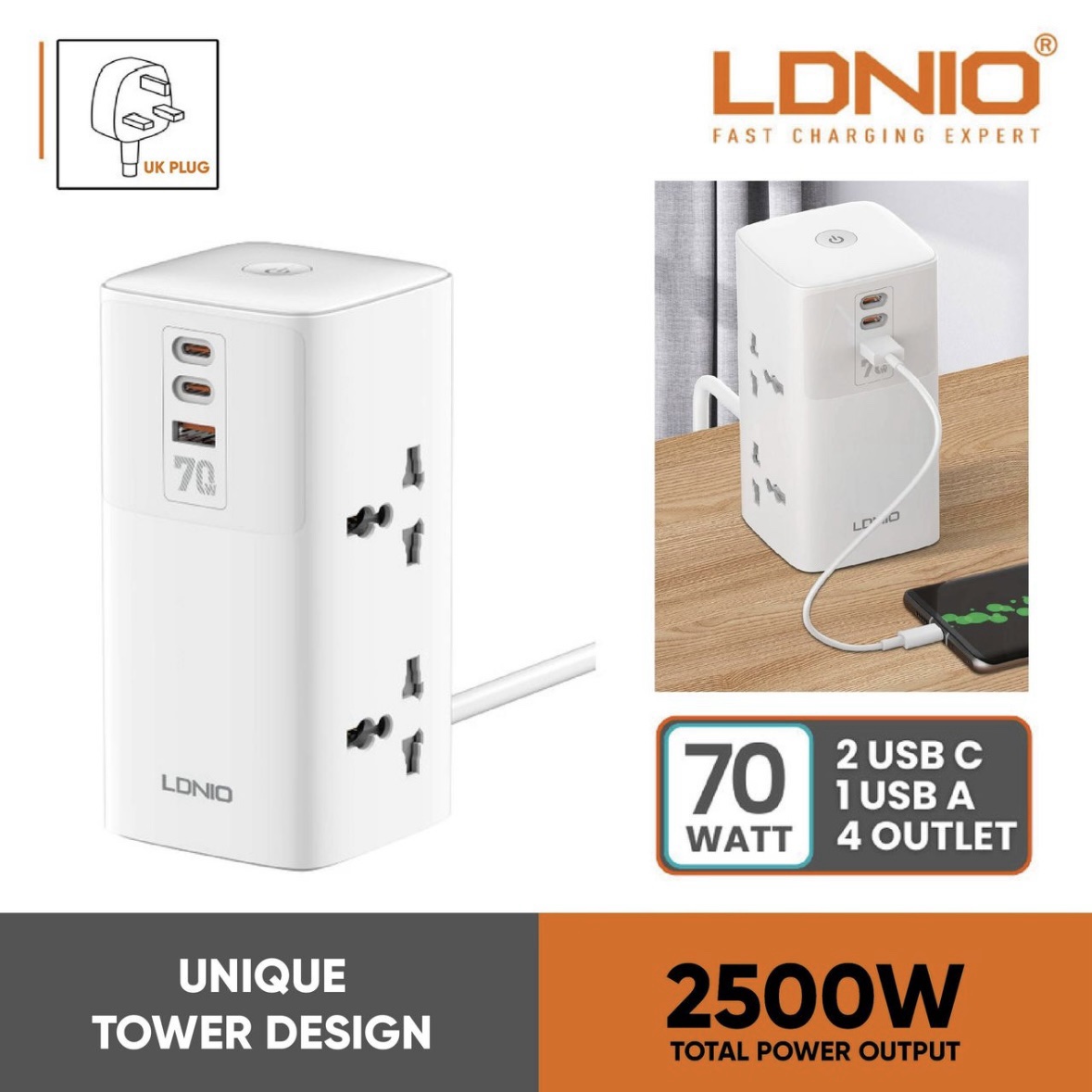 LDNIO 2500W Tower Extension Cord Power Strip With 4 Outlets,
2 Type C & 1 USB - UK PLUG